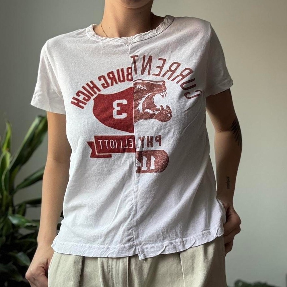 Current Elliott Anthropologie The Split Varsity Tee White Graphic Size S/M